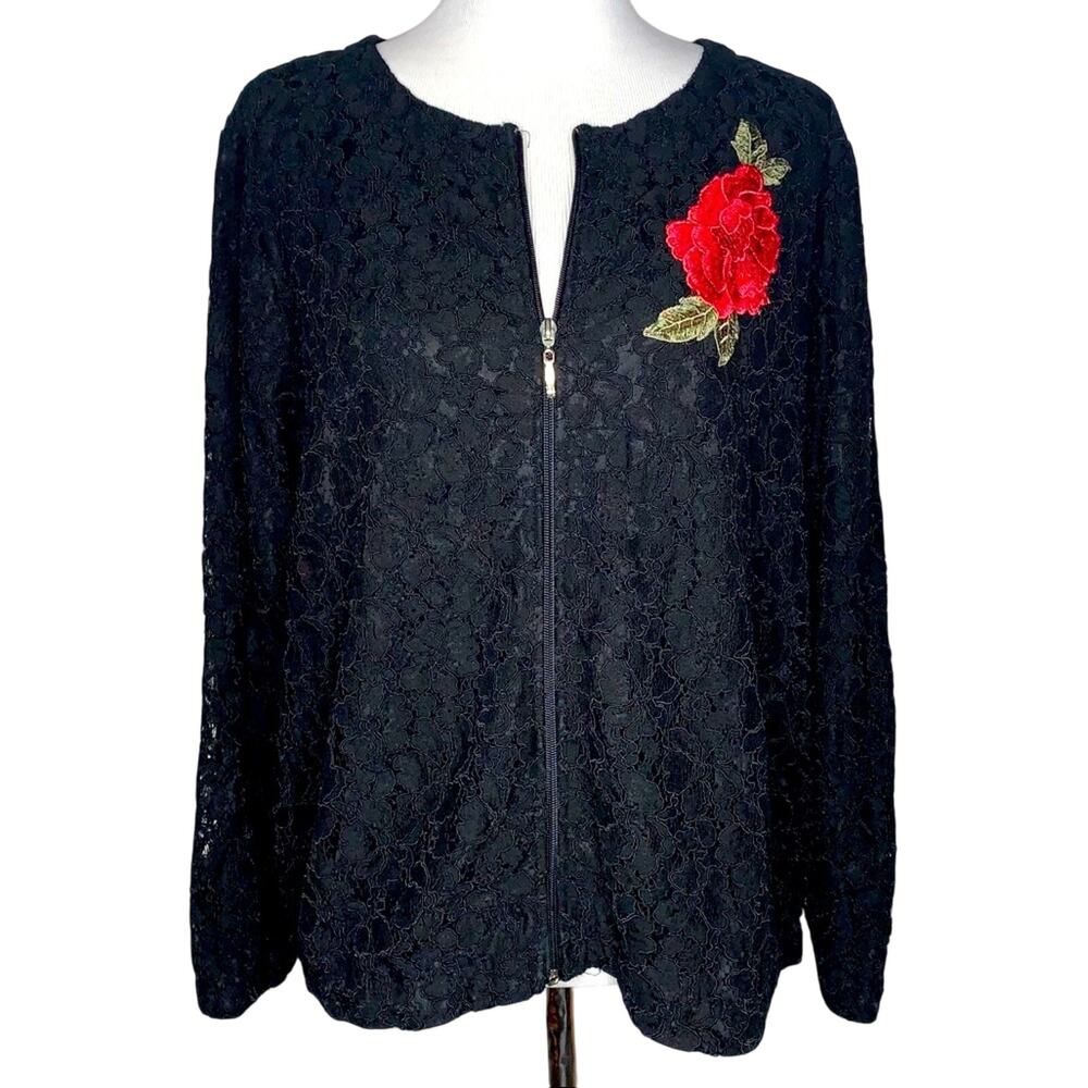 Adiva Black Lace Zip Front Jacket - Rose Appliqué Sz 1X